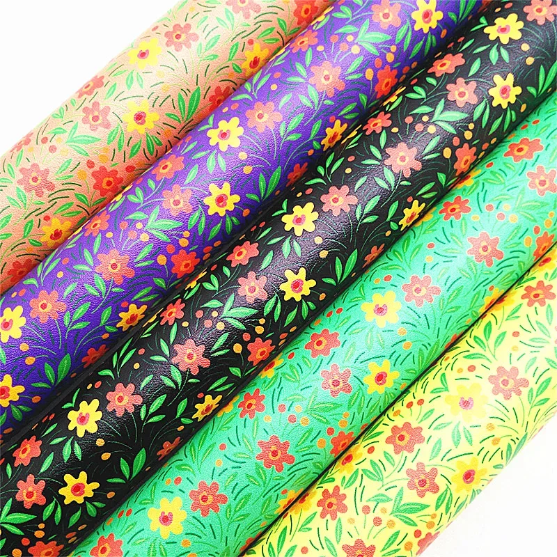 Flowers Printed Synthetic Leather Smooth Vinyl Fabric Faux Leather Fabric Sheets for DIY Bows Bags 21x29cm A4 size MB350