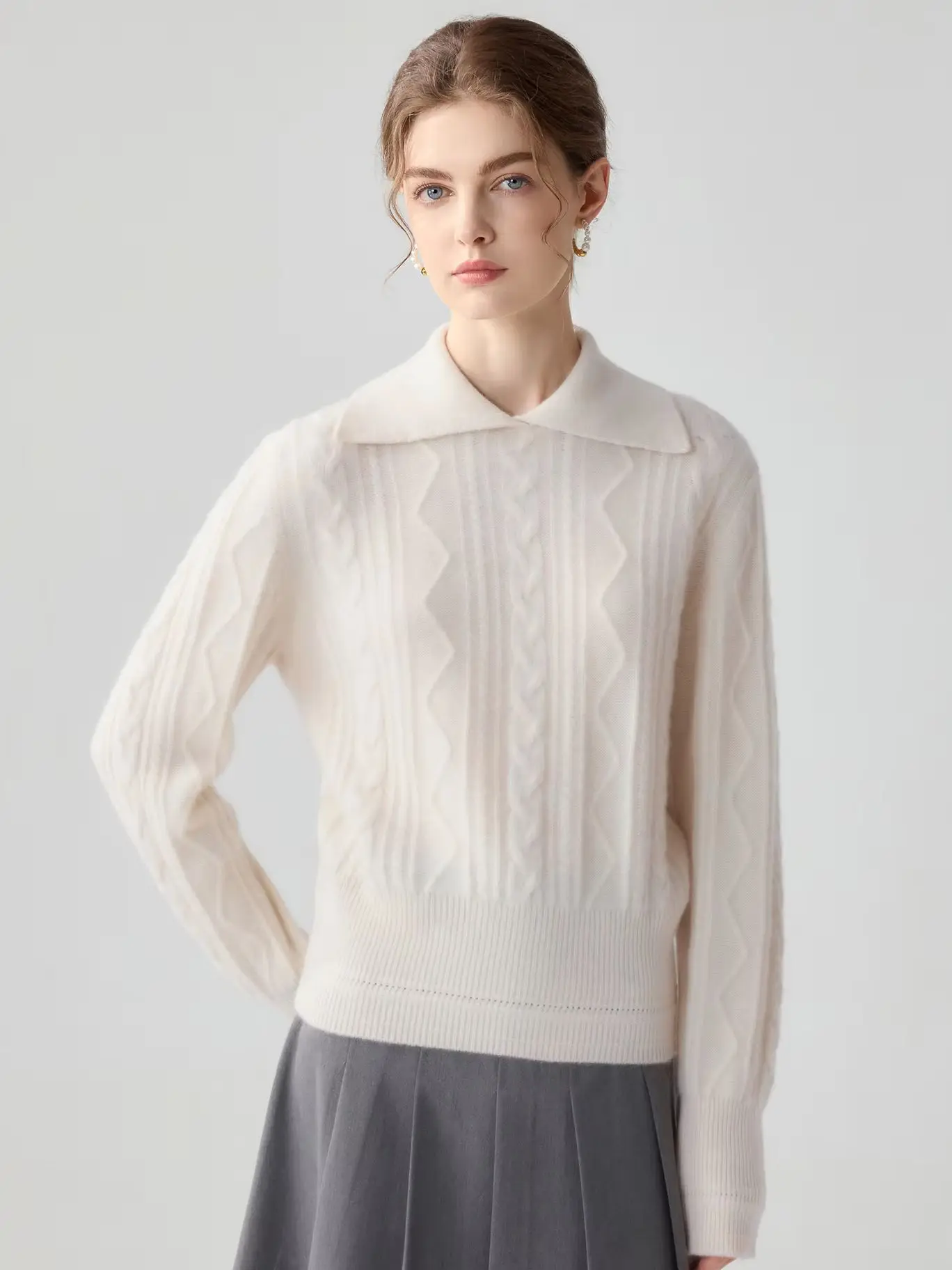 TLOML Women's 100% Cashmere Sweater Turn Down Collar Cable Knit Pullover Cinched-Waist Autumn Winter Cashmere Knitwear Thick Top
