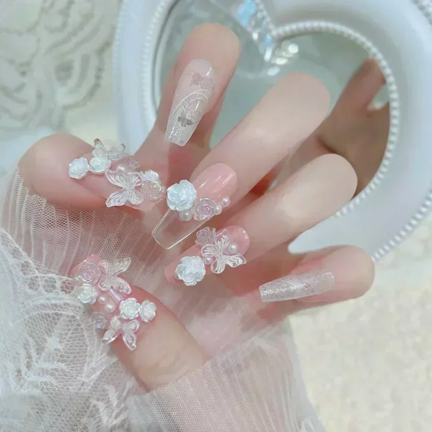 24 Uñas Postizas Negras con Moño, Bailarina, Desmontables, Cuadradas, Cobertura Completa 6