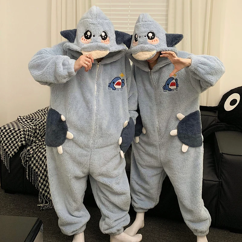 Lovely Shark Sleepwear Women Men Pajamas Onesie Winter Thicken Pyjama Jumpsuit Kawaii Zipper One-piece Festival Cute Couples