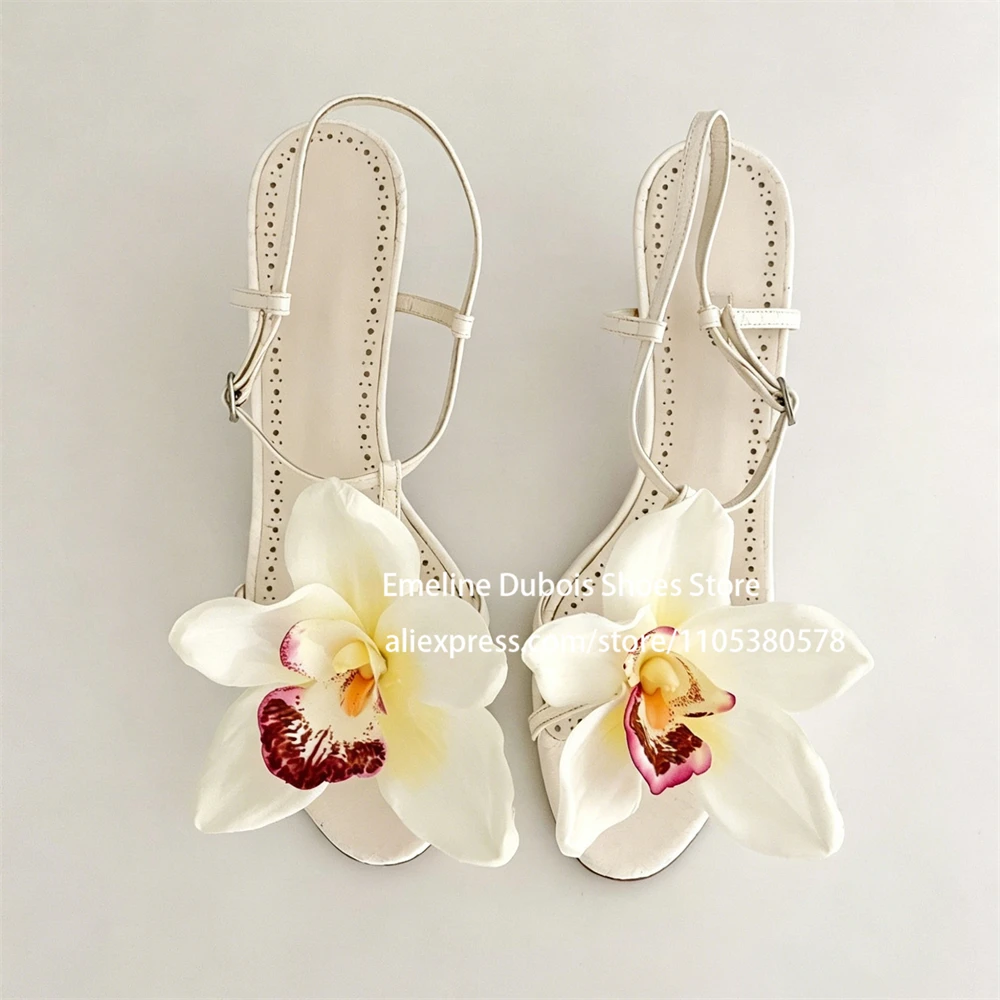 

Handmade Orchid Flower Women Thin High Heel Strappy Sandals Ankle Buckle Decor Stilettos Elegant Summer Beach Party Dress Shoes