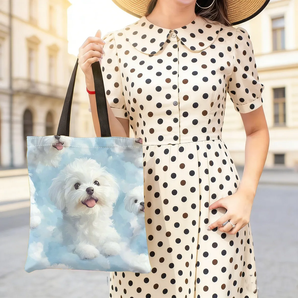 Einkaufstasche für Hundeliebhaber mit maltesischer Hunde-Motivierung, große, hochwertige, wiederverwendbare Einkaufs- und Reisetasche mit humorvollem Muster und Schultertasche – Detail 6