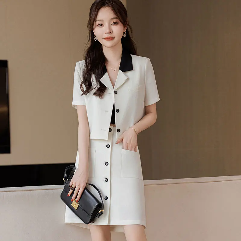 2024 Summer Profession Women Crop Blazer Tops And Button Decoration Mini Pencil Skirt Korean Slim Chic Office Lady 2 Pieces Sets