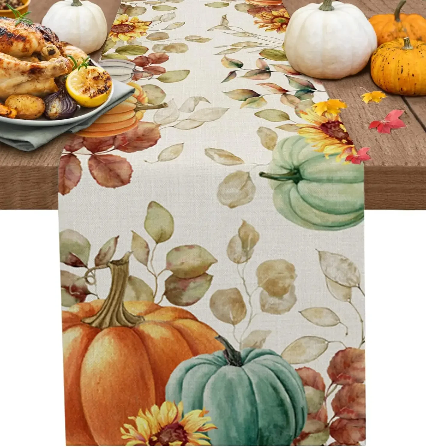 Autunno Ringraziamento Foglie di eucalipto Zucche Runner da tavola in lino Comò Sciarpe Decor Cucina Tavolo da pranzo Runner Decorazioni natalizie