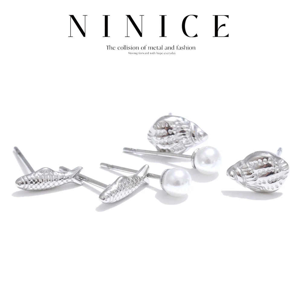 

NiNice Stainless Steel Conch Fish Pearl Earrings Cute Small Exquisite Fashionable Design Selected Jewelry Gifts