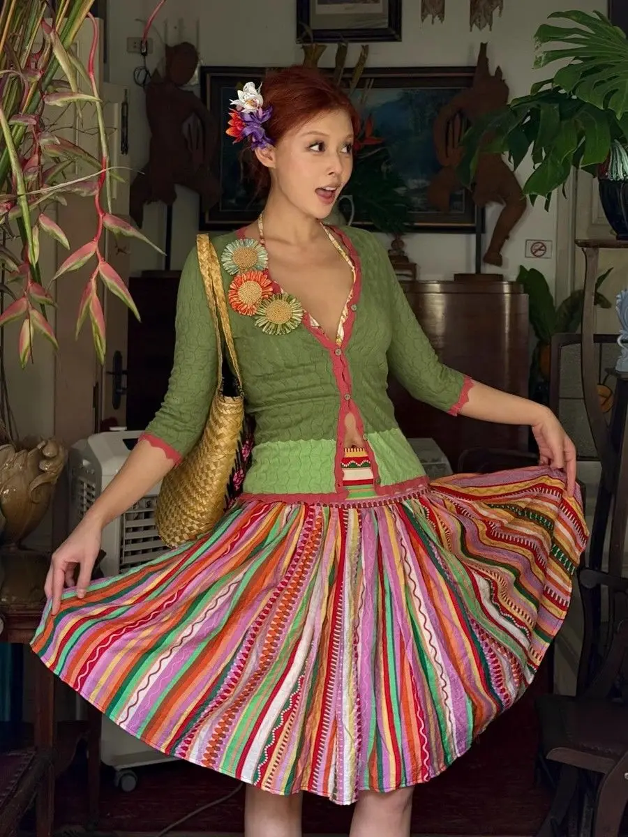 

Dopamine Striped Midi Skirt Gingham Resort Wear Chromotherapy Aesthetic High Waist Vacation Essential Plus Size Skirt