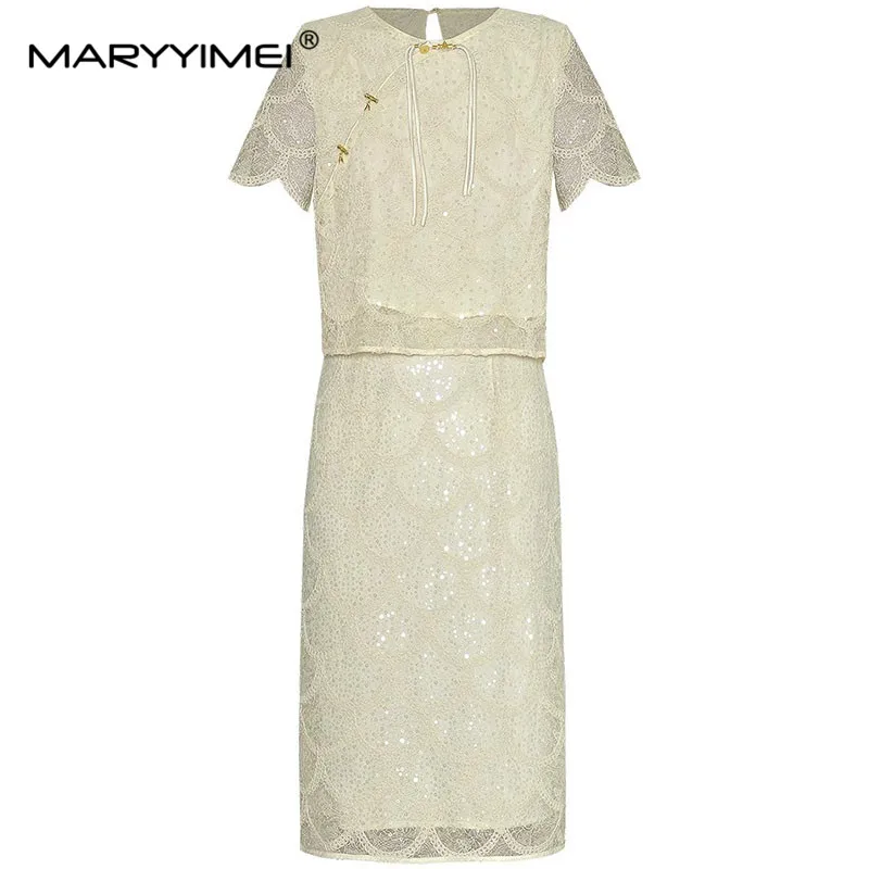 

MARYYIMEI Summer Women's Suit Short sleeved Top+Package hip skirt Lace Bright Line Decoration Sequin Two Pieces Set