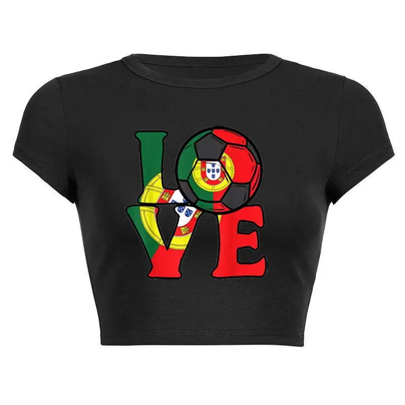 2026 Portugal Flag Tee Football Soccer Flag Printing Crop Tee Girls Summer Slim Top Girls Casual Summer 90s Tops