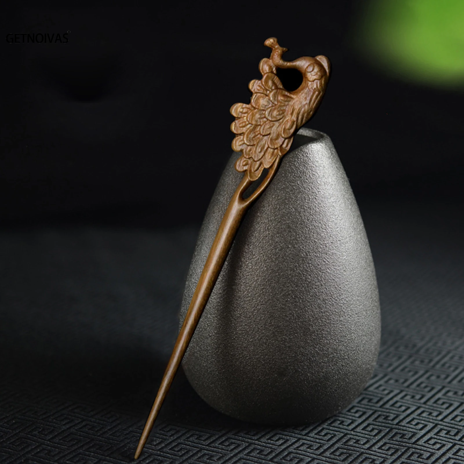 Ancient Chinese Hairpin Peacock Hair Sticks Handmade Vintage Hanfu Dress Green Sandalwood Hair Forks Clips Headdress Accessories