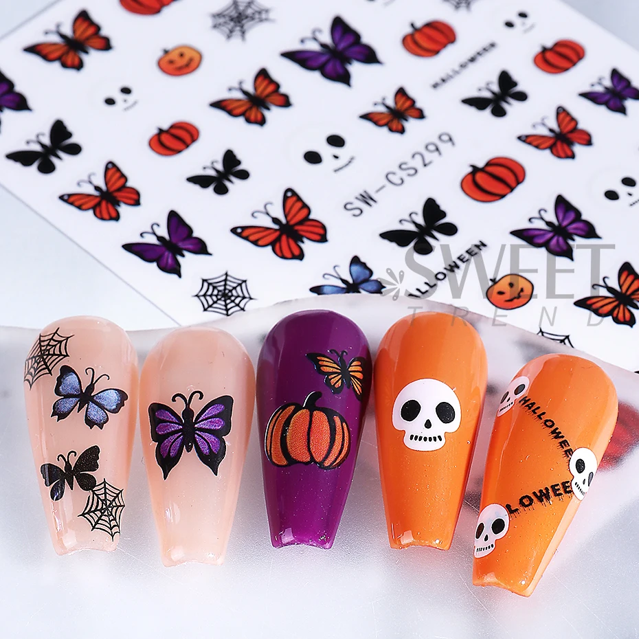 3 stücke Halloween Kürbis Nagel Aufkleber 3D Selbstklebende Cartoon Schädel Spinne Web Schmetterling Fledermaus Nagel Aufkleber DIY Maniküre Dekoration