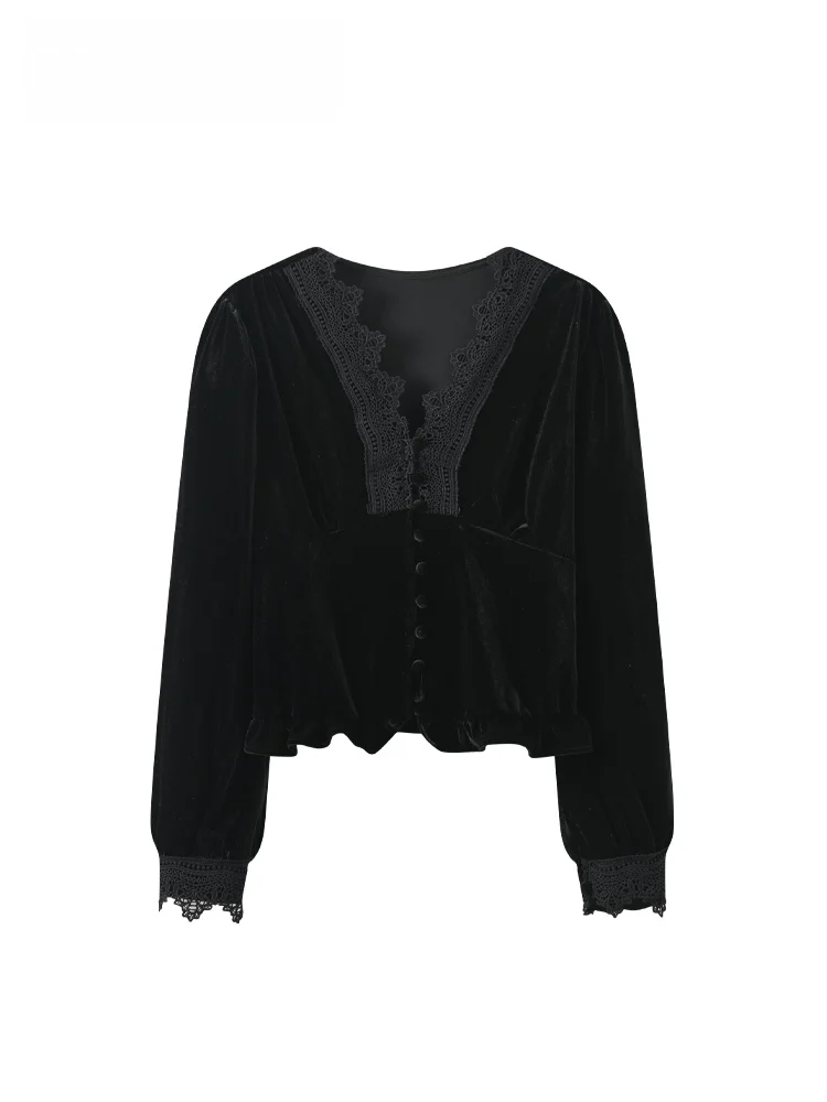 

Женская блузка Cara CLUB большого размера с V-образным вырезом и кружевными вставками, новая зимняя модная модель, приталенный топ с рукавами-фонариками во французском стиле