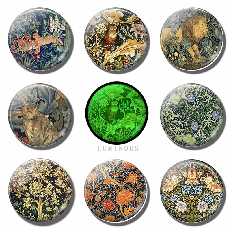 Luminous William Morris Art Animals królik ptak kwiat tygrys 30 MM magnesy na lodówkę szklany magnes na lodówkę świecące w nocy