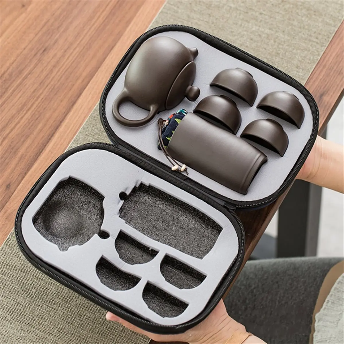 2026 New 1SET Portable Zisha Tea Set Portable Outdoor Travel Tea Set with One Pot and Four Cups