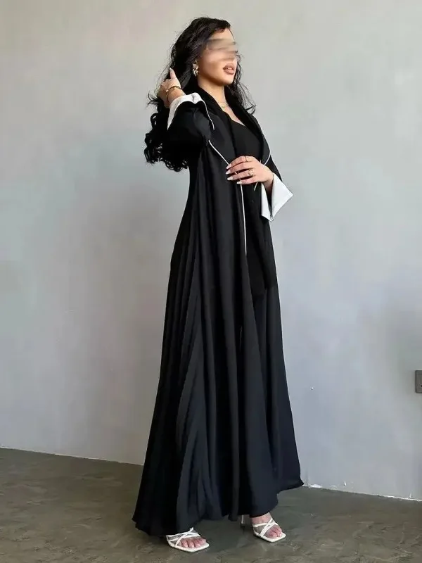 Contrast Color Dubai Abaya Pleats Back Tailored Collar Split Cuffs Muslim Women Coat Kimono Modest Islamic Clothing Ramadan Eid