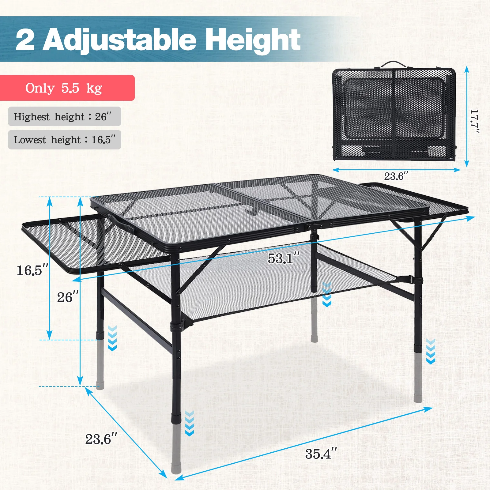 Camping Barbecue Table With Expansion Board Adjustable Height Folding Table Mesh Top Portable Outdoor Indoor Beach Travel