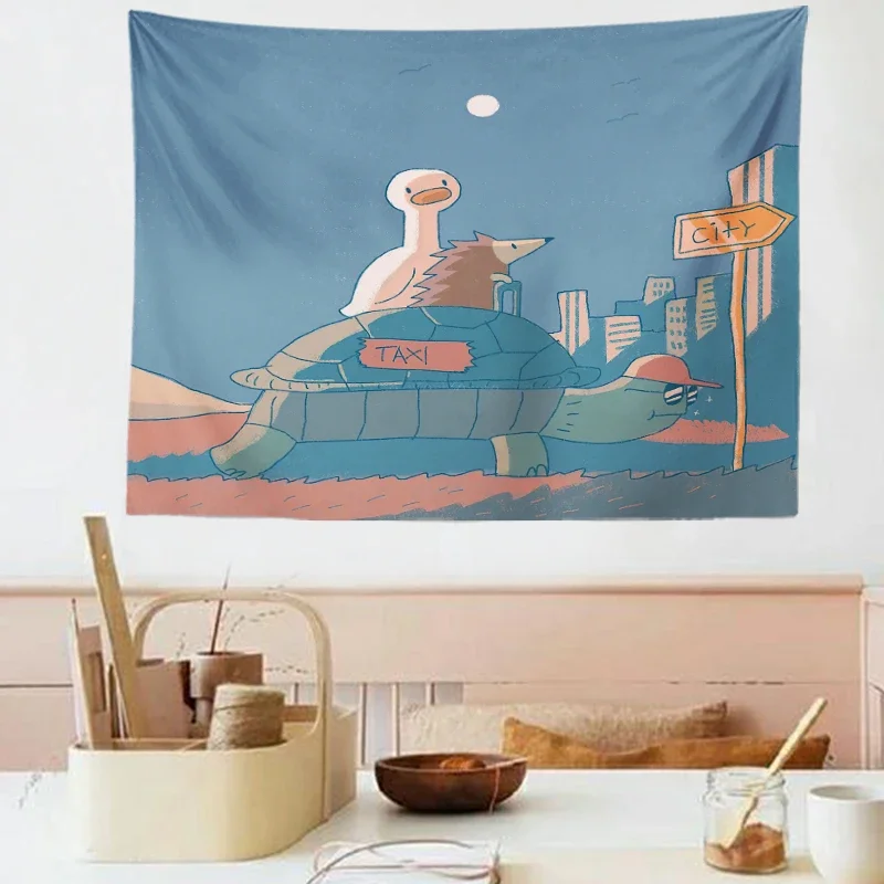 Home Decoration Accessories Illustration Healing Cute Animal Mural Background Cloth Girl Kawaii Room Decor Tapestry Wall Hanging