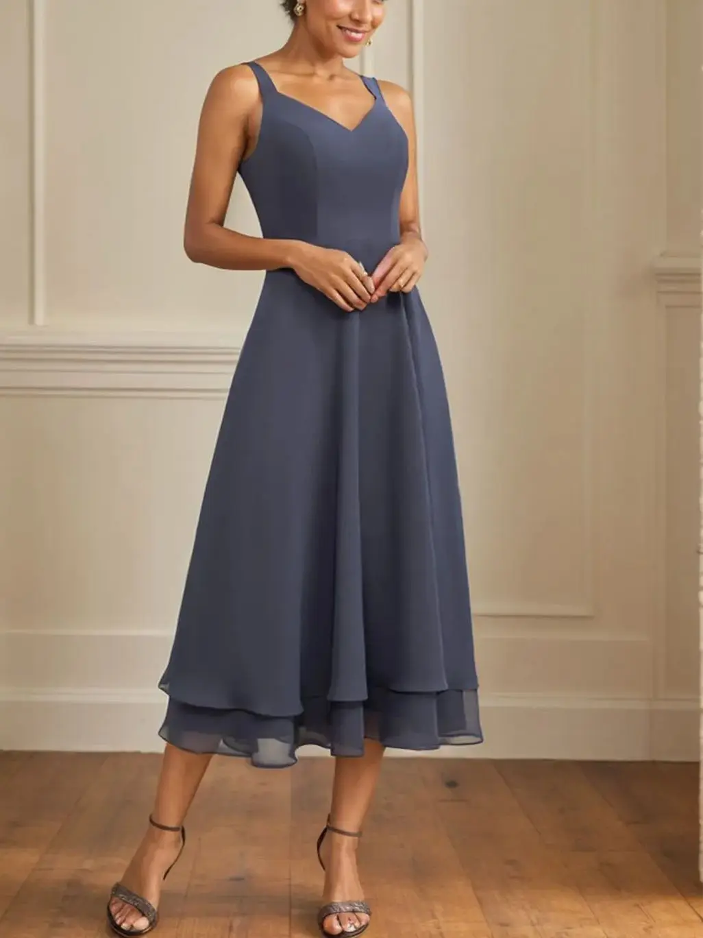 ชุดราตรีสองชิ้นสุดหรู คอวี ผ้าชีฟอง แต่งลูกไม้ แขน 3/4 ความยาวระดับชา กระโปรงหลายชั้น ชุดแม่เจ้าสาว ปี 2025 ปรับแต่งได้ฟรี