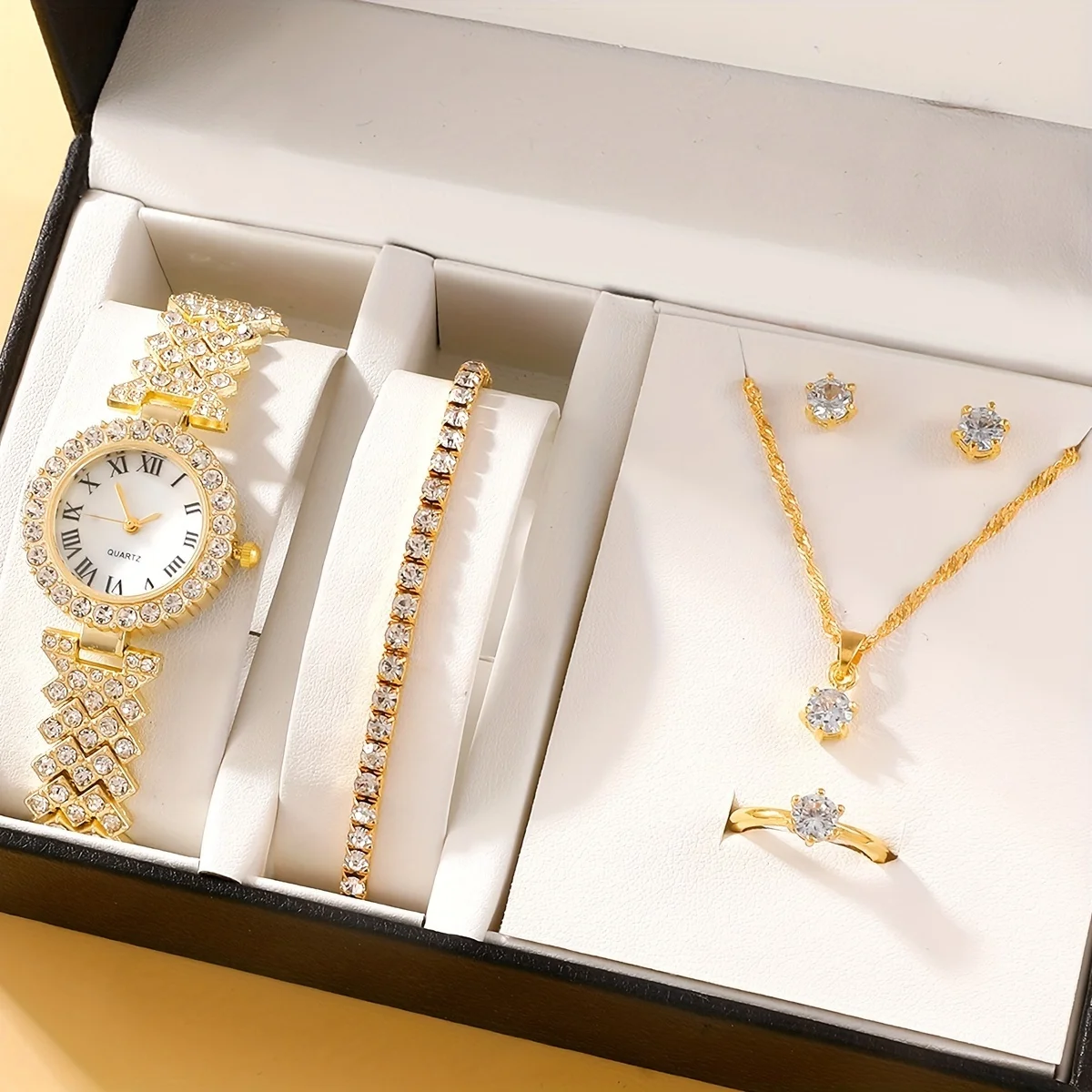 Women\'s Watch Luxury Rhinestone Quartz Watch Rome Fashion Analog Wrist Watch & 5pcs Jewelry Set, Gift For Mom Her