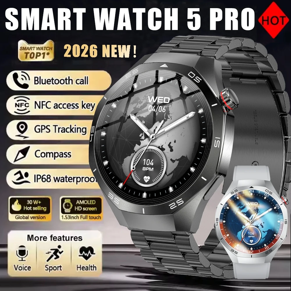 

2026 New Smart Watch 5 Pro GPS NFC Smartwatch Men 360*360 AMOLED Screen Heart Rate Bluetooth Call IP67 Waterproof Men Smartwatch
