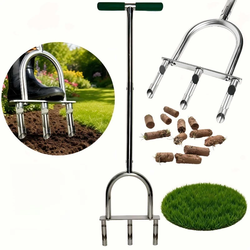 Stainless Steel Lawn Aerator Soil Core Plugger 3-Tine Manual Lawn Coring Tool for Garden Yard Grass