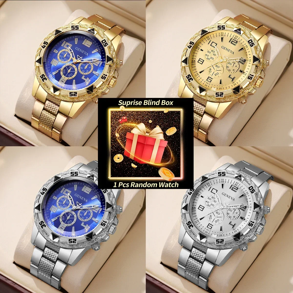 Mystery Blind Box Men Watch Geneva Sports Chronograph Quartz Wristwatch Stainless Steel Band Random Male Watch Gift