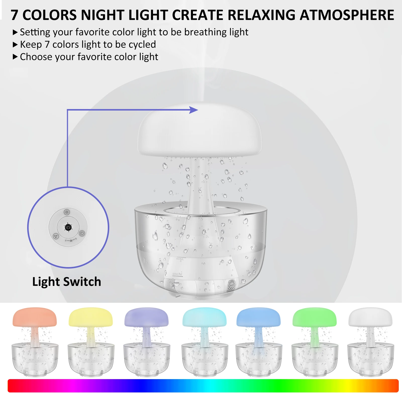 Cloud Rain Humidifier 700 ml Essential Oil Diffuser with Raindrop Sound Cloud Rain Diffuser with 7-Color Changing Light Timer