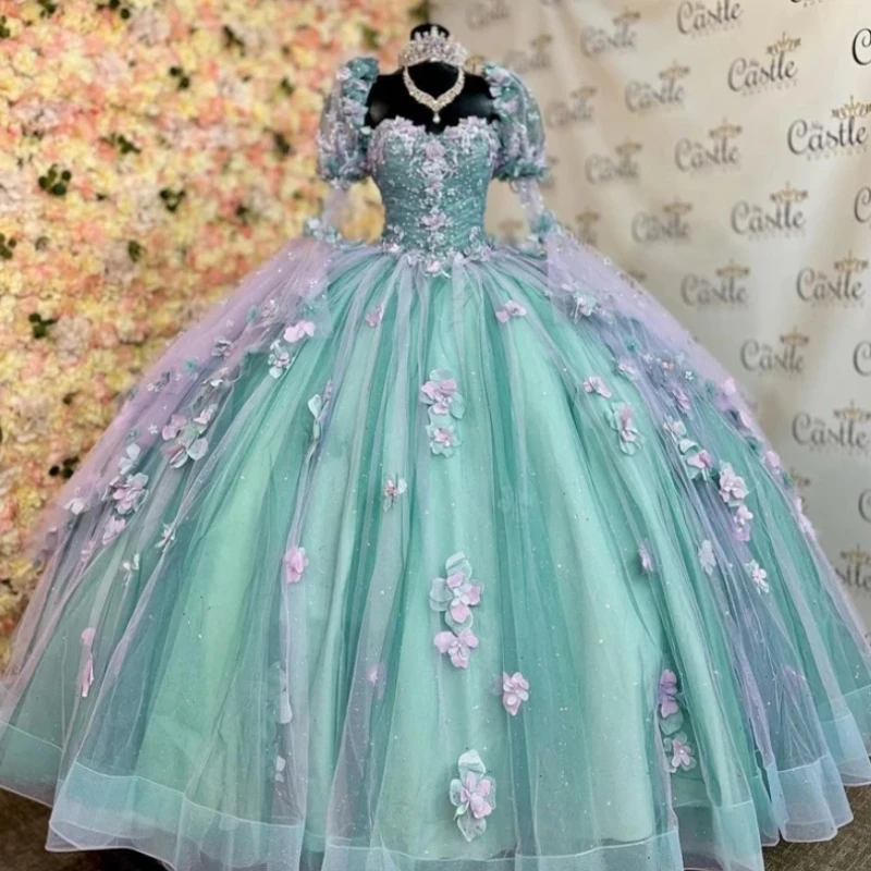 

Женское зеленое платье Quinceanera, милое Тюлевое платье с 3D цветочной аппликацией, бальное платье для торжества, дня рождения, милое платье, 16 платьев, жилет