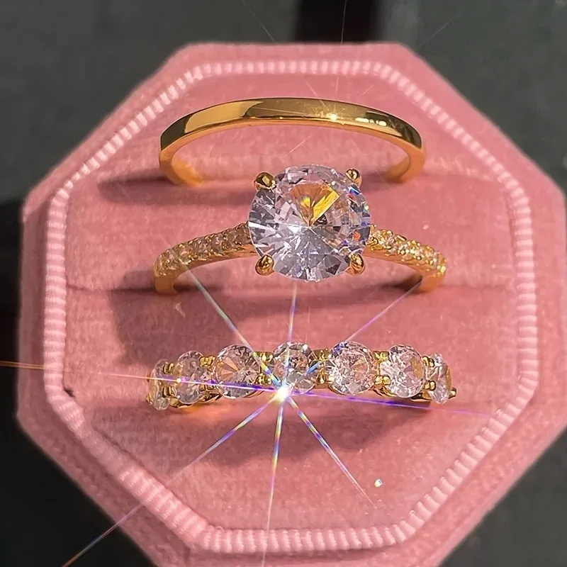 3Pcs Set Luxury Women Rings Gorgeous Shiny Round Zirconia Finger Jewelry Fashion Gold Color Accessories For Wedding Party