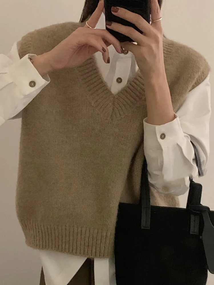 Nieuwe Mode Herfst Vrouwen V-hals Truien Gebreid Vest Winter Mouwloze Truien Casual Losse Dieptepunt Tops Elegante Truien