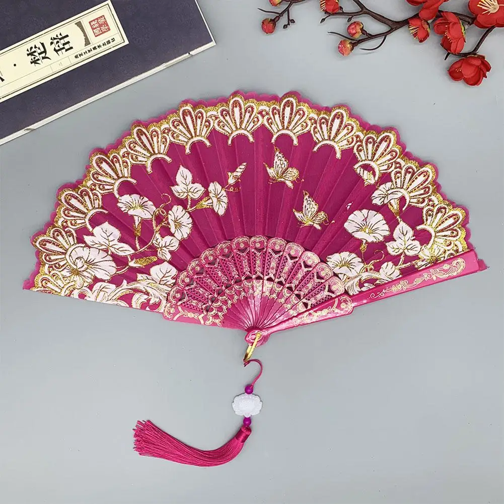 Chinese Luxury Gliding Folding Fan Wedding Bridal Fan Dance Performance Props Retro Floral Glitter Butterfly Fans Crafts