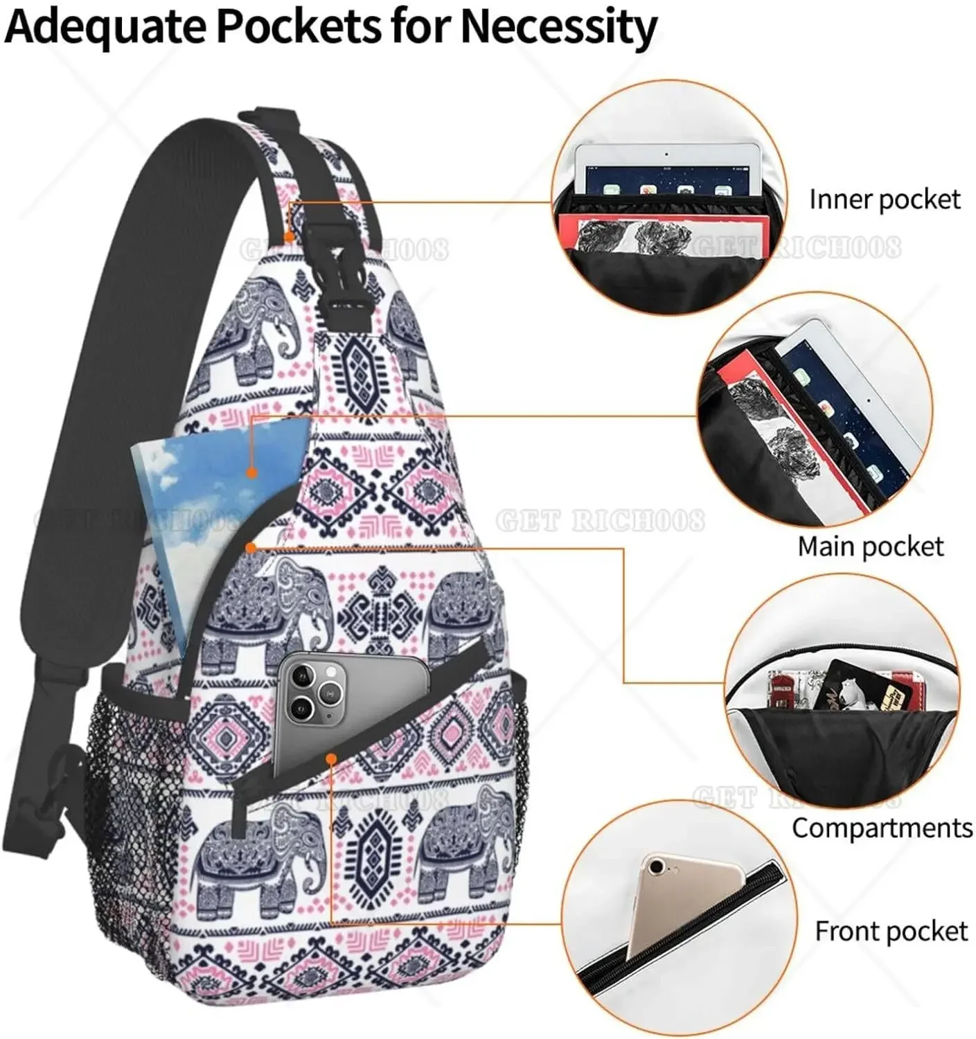 Boho Mandala Elephant Sling Bag for Women Men Travel Hiking Backpack Crossbody Shoulder Chest Bags Casual Daypack Sport