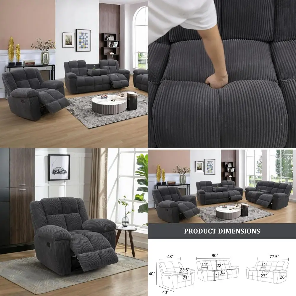 

Комплект для гостиной из 2 предметов: 3-местный диван с креслом, откидным столиком и подстаканниками, серый