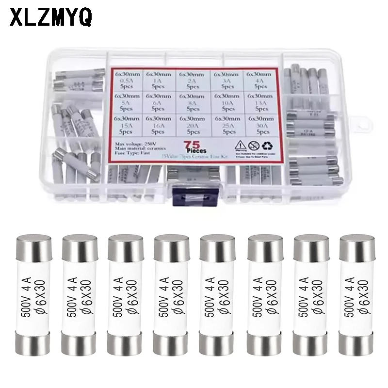 75pcs Ceramic Fuse 6mmx30mm 0.5A 1A 2A 3A 4A 5A 6A 8A 10A 13A 15A 20A 25A 30A Fuse Assortment Kit 250V 6x30mm Insurance Tube