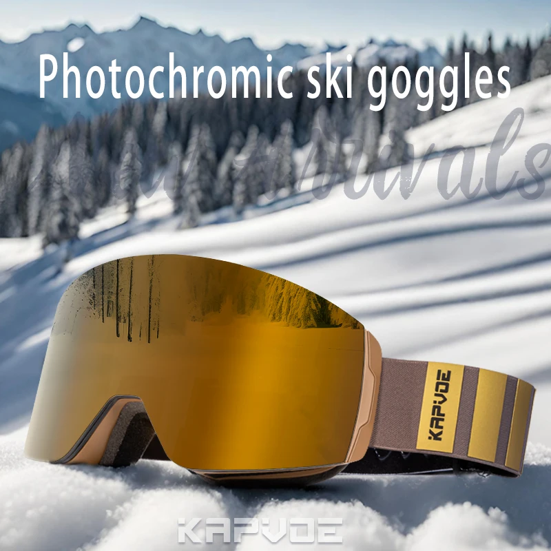 KAPVOE New Winter Photochromic Ski Goggles Double Magnet Adsorpt Layers UV400 Anti-fog Coatings Snowmobile Snowboard Skiing