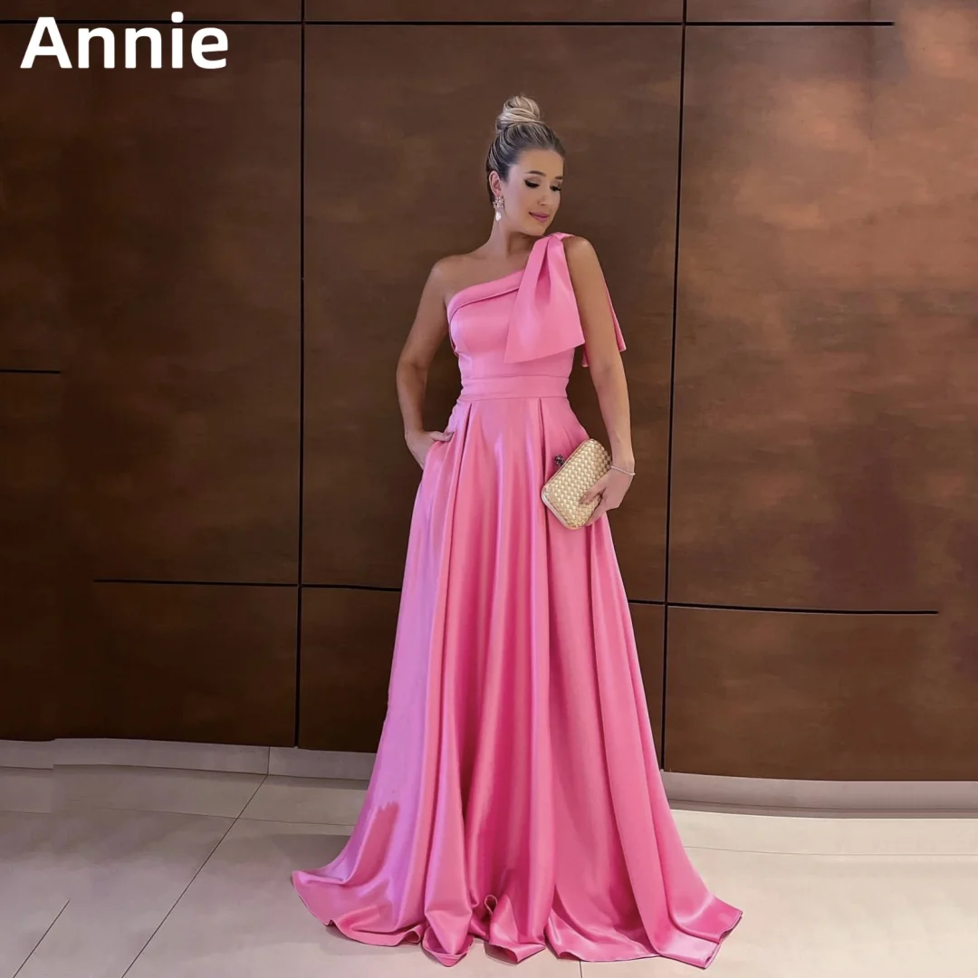 

Annie Pink Shoulder Prom Dress A-line Satin Evening Dresses Special Occasion Elegant Lady Wedding Party Dresses فساتين طويلة