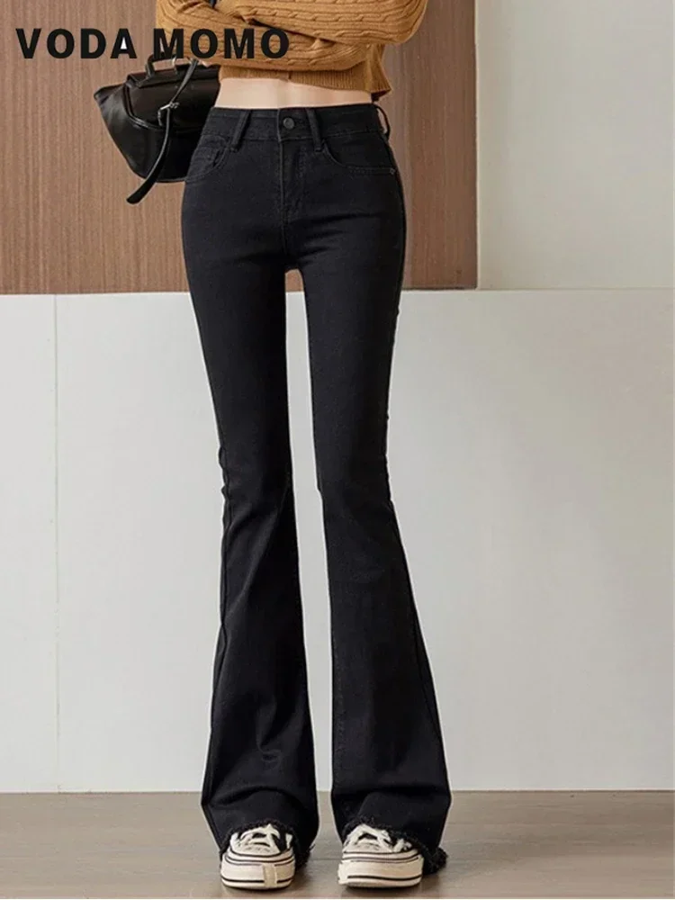 Women New Commut Wind Slim Harajuku Trousers Leisure Harajuku Denim Flared Pants Retro Versatile Basic Daily High Waist Design