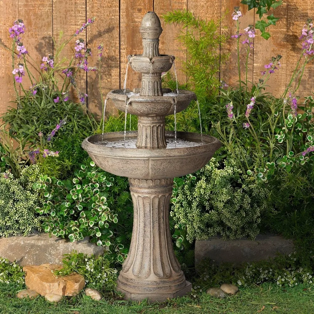 

46 High Large Italian Outdoor Decor Gray Faux Stone Floor Fountain with Light LED Waterfall 3-Tier Standing Basin Water