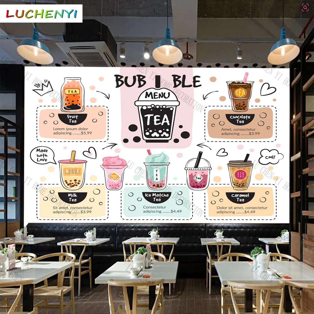 

Custom cartoon bubble milk tea 3d wallpaper mural restaurant juice shop kitchen dining room wall papers home decor sticker