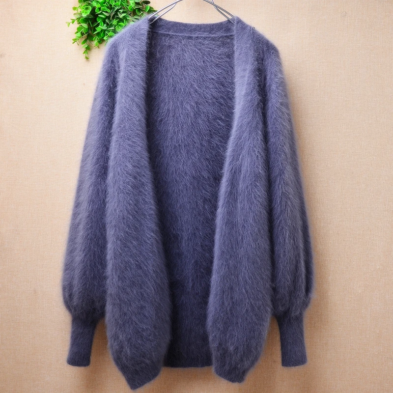 Ladies Women Spring Autumn Clothing Hairy Mink Cashmere Knitted Long Lantern Sleeves Slim Cardigans Angora Fur Jacket Mantle Top