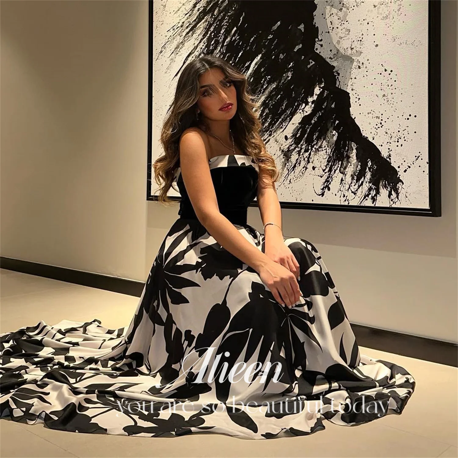 

Aileen Black Serin Evening Dresses for Special Occasions A-line Graduation Dress Printing Wedding Party Dress Customized Women's