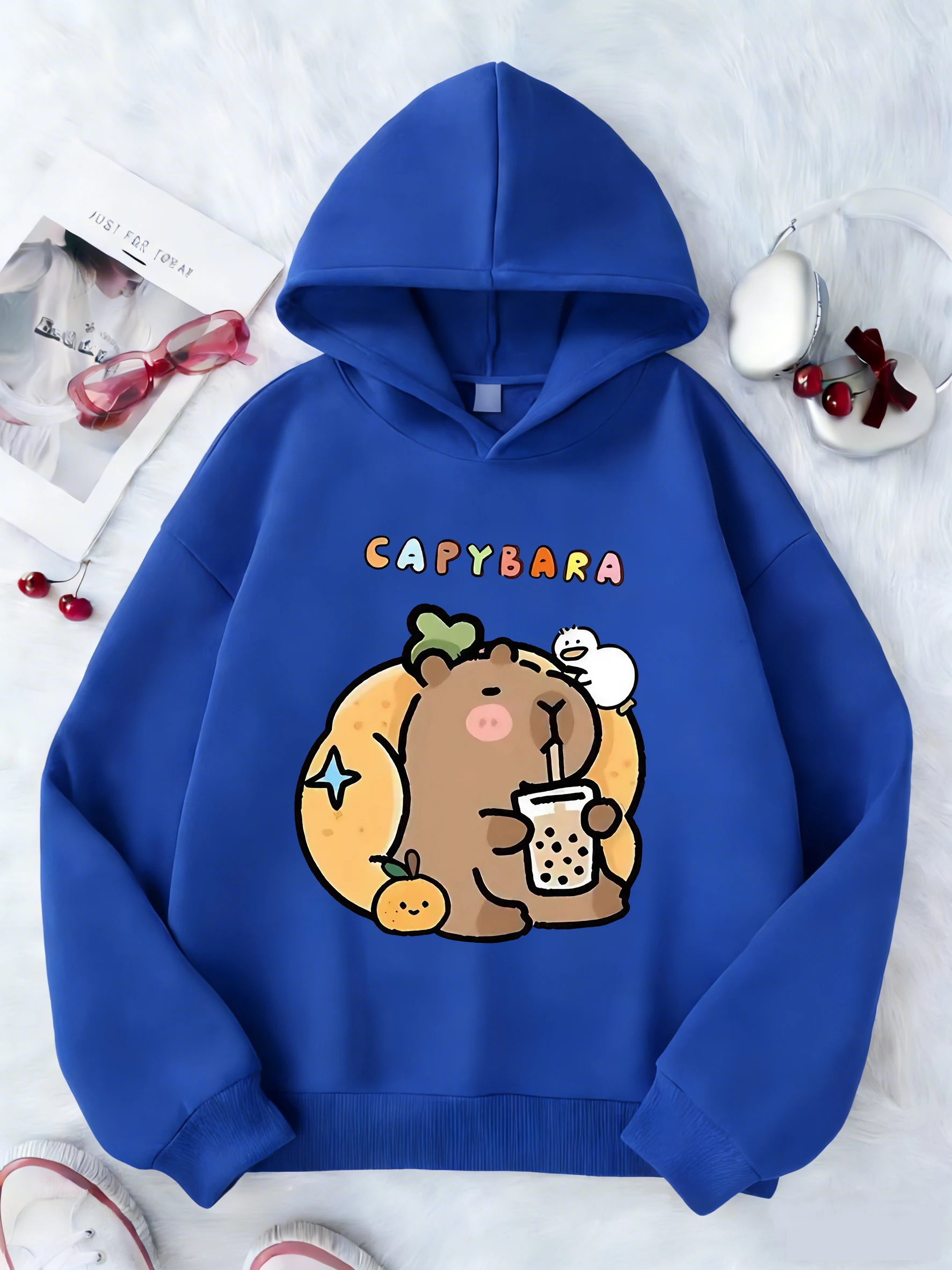 Capybara Drinking Juice Kinder-Kapuzenpullover, süßer Harajuku-Kapuzenpullover für Jungen und Mädchen, Frühlings-Freizeit-Hoodies