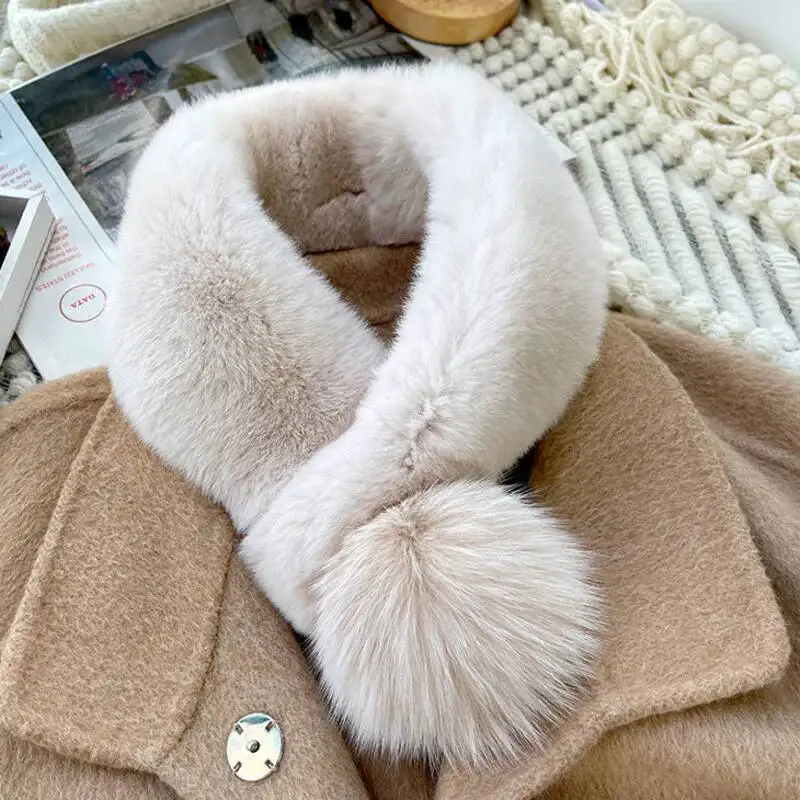 

Шарф из меха кролика рекс, зимний женский утолщенный теплый меховой воротник с шариком из лисьего меха, грелки на шею из натурального меха, шарф с кольцом для женщин