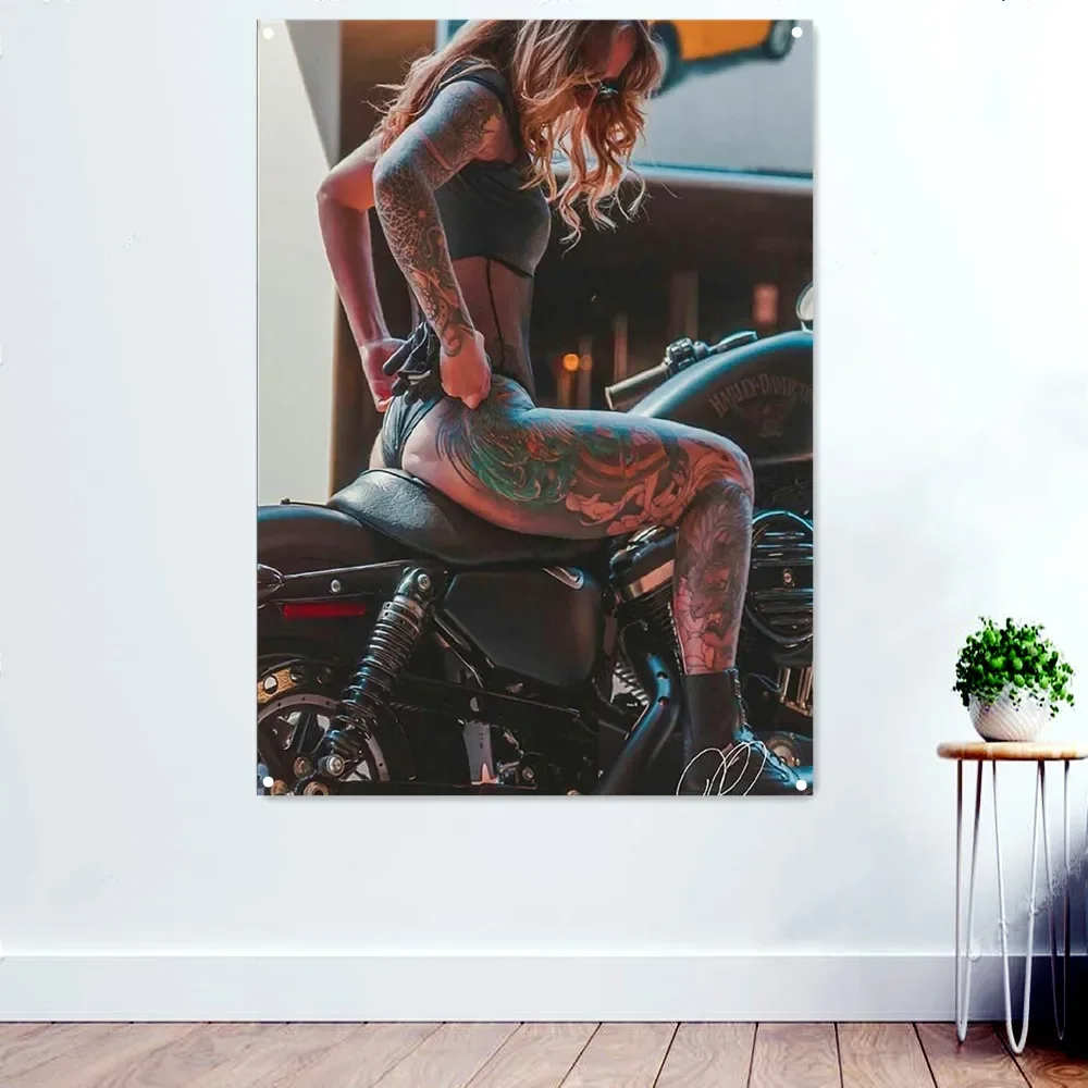 

Hot Tattoo Girl on Motorcycle Posters Home Decor Banners Wall Hanging Flag Canvas Painting Wall Chart For Bedroom Living Room