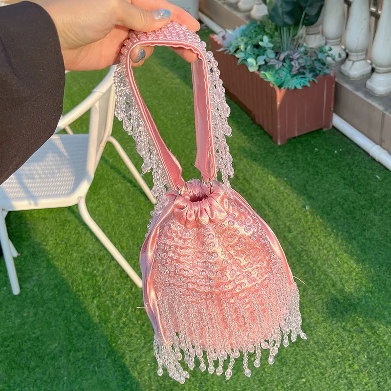 

Сумка-ведро ручной работы из бисера, сумка с кисточками, милая универсальная повседневная сумка с жемчугом и кристаллами, сумка на одно плечо, подмышки
