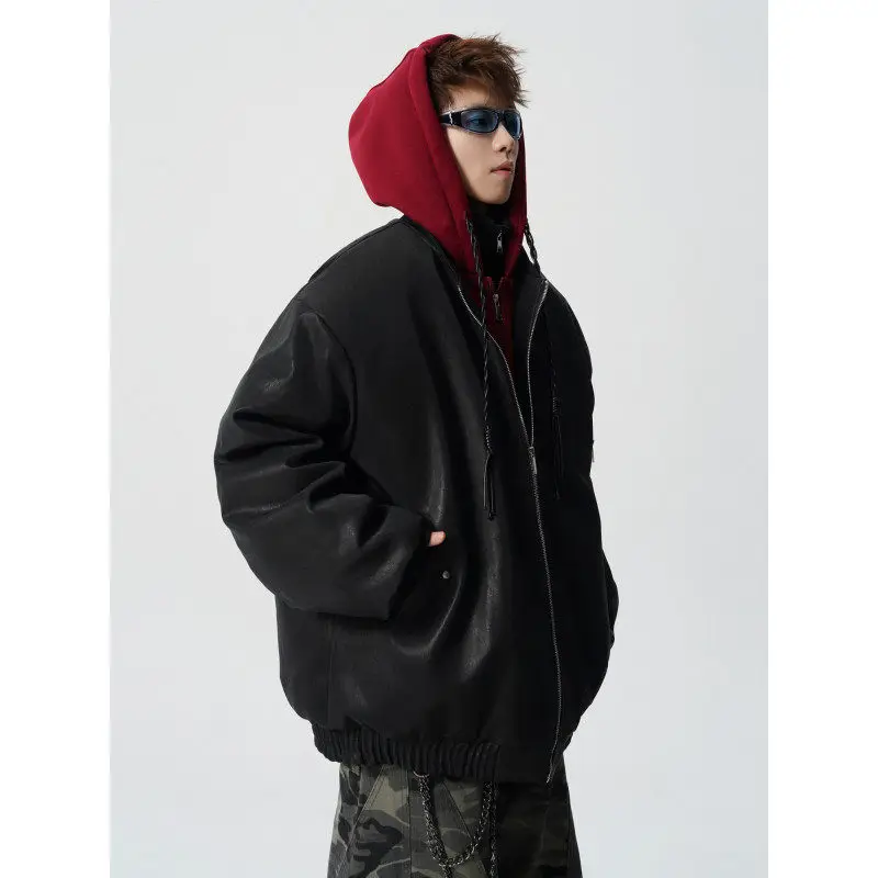 

Warmth Men's PU Leather Cotton Jaet Hooded Coat College Street Sle Korean Version Faionable Winter Outerwear