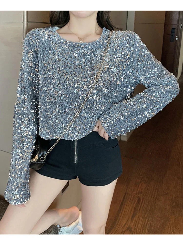 WomenDesign Sense Autumn Sequin Tops New Sequined Long-sleeved Round Neck Thin and Versatile Outer Wear T-shirt D0306