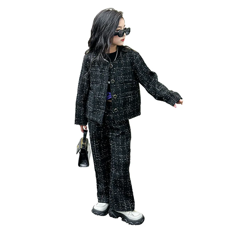 Spring Autumn Girls 2pcs Plaid Elegant Sets Black Tweed Jacket Wide Leg Pants Children\'s Clothing Outfits Chic Princess Outfits