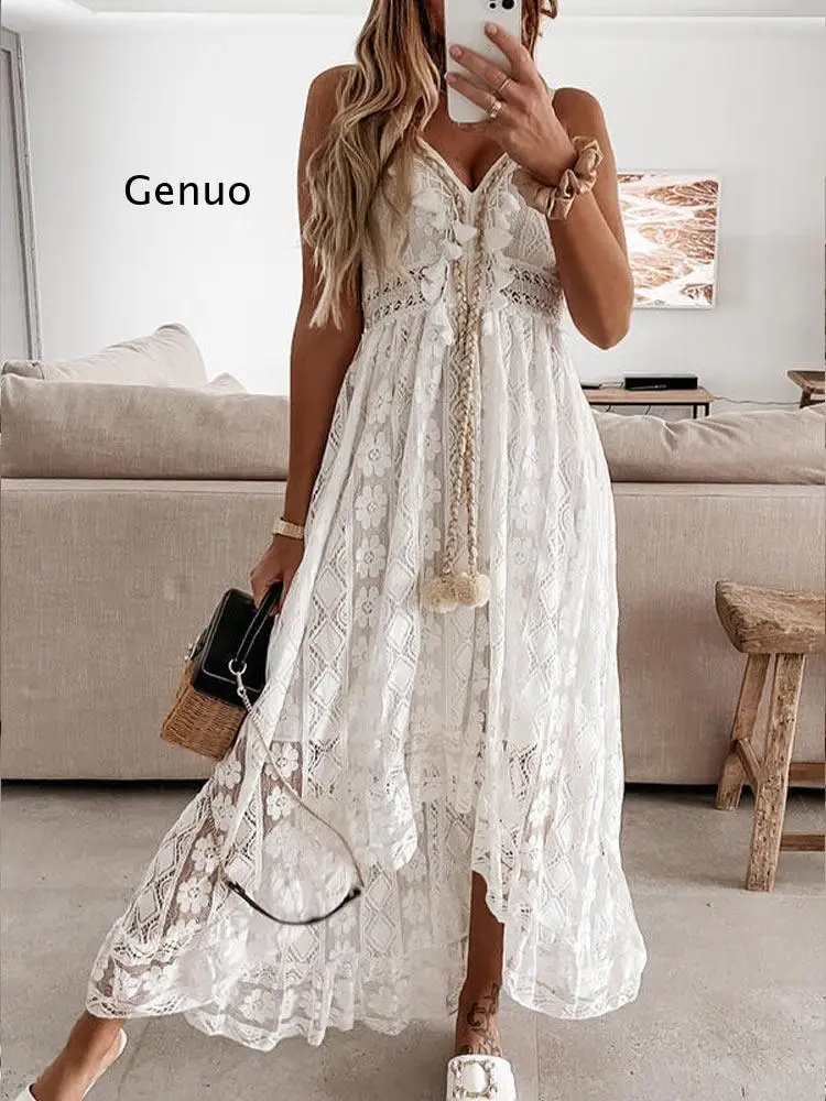 Boho Dress Women Summer Maxi Dress Lady Off Shoulder Holiday Lace V Neck Spaghetti Strap Sundress White Dress Vestidos De Mujer