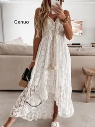 Boho Dress Women Summer Maxi Dress Lady Off Shoulder Holiday Lace V Neck Spaghetti Strap Sundress White Dress Vestidos De Mujer