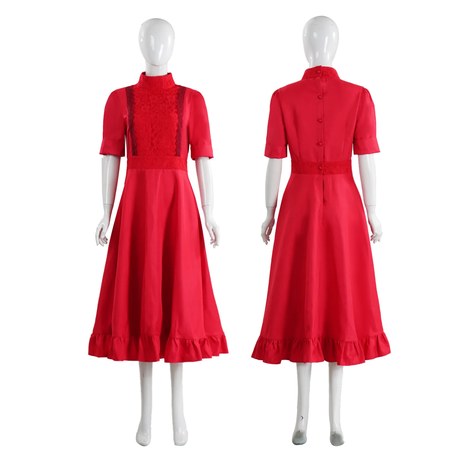 

A Costume For The Movie Character Pearl In The Horror Film Featuring A Red Lace Dress